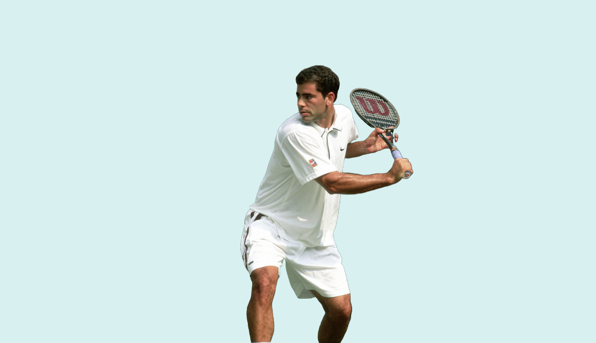 Former pro tennis player Pete Sampras is taking his racket back to hit a one-handed topspin backhand.